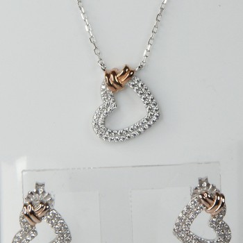 Sterling Silver Rose Gold Plated/CZ Heart Earrings and Pendant Set